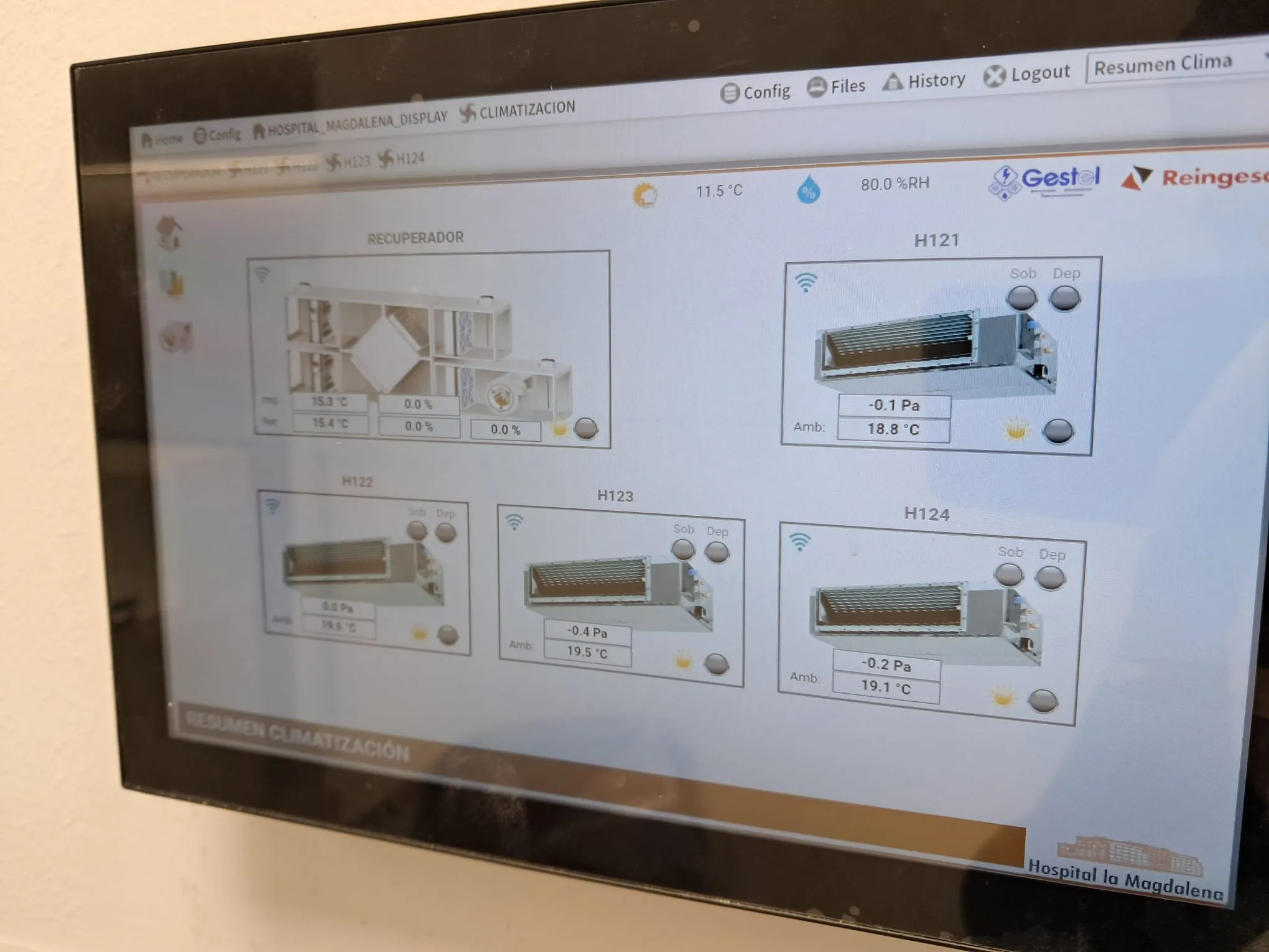 Pantalla de control y monitorización de una instalación de climatización